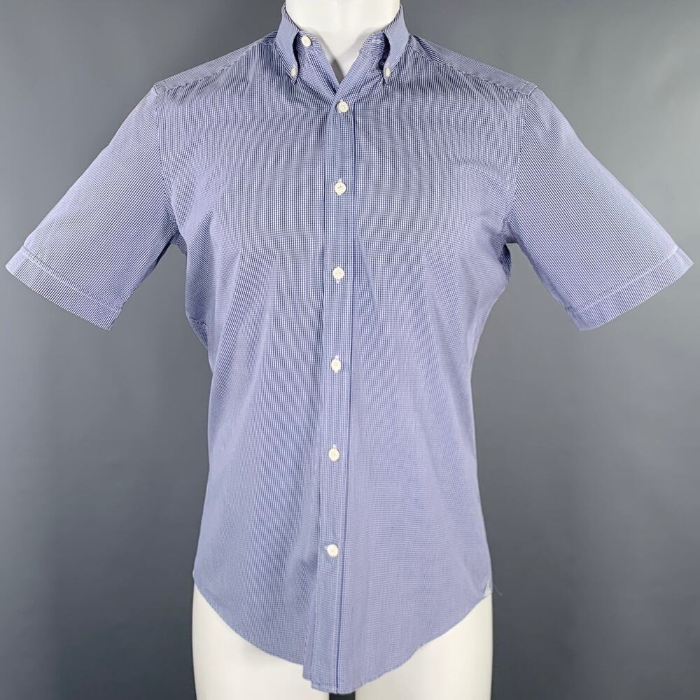 LANVIN Size 38 Blue White Gingham Cotton Short Sleeve Shirt